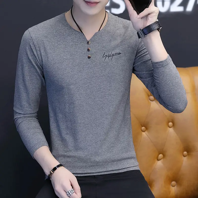 Men V-Neck Long Sleeve Grey T-Shirt Large - Image 3