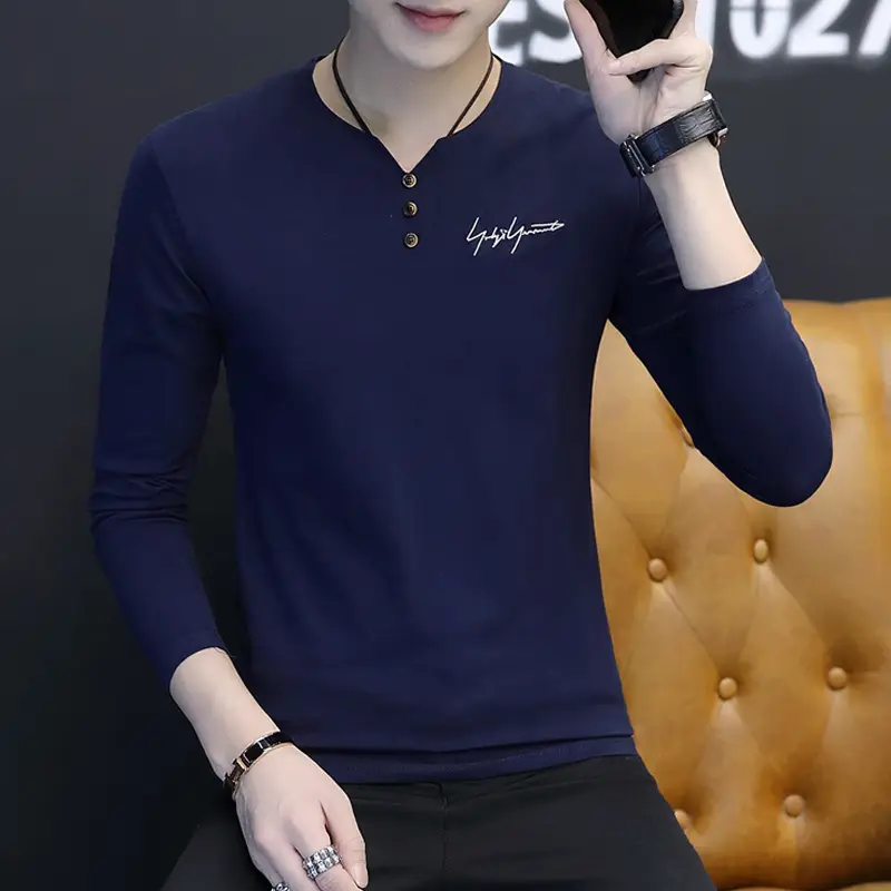 Men V-Neck Long Sleeve Grey T-Shirt Large - Image 4