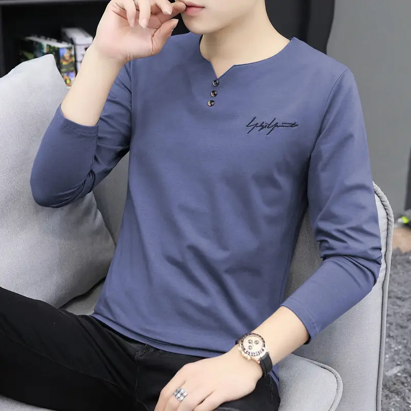 Men V-Neck Long Sleeve Grey T-Shirt Large - Image 5