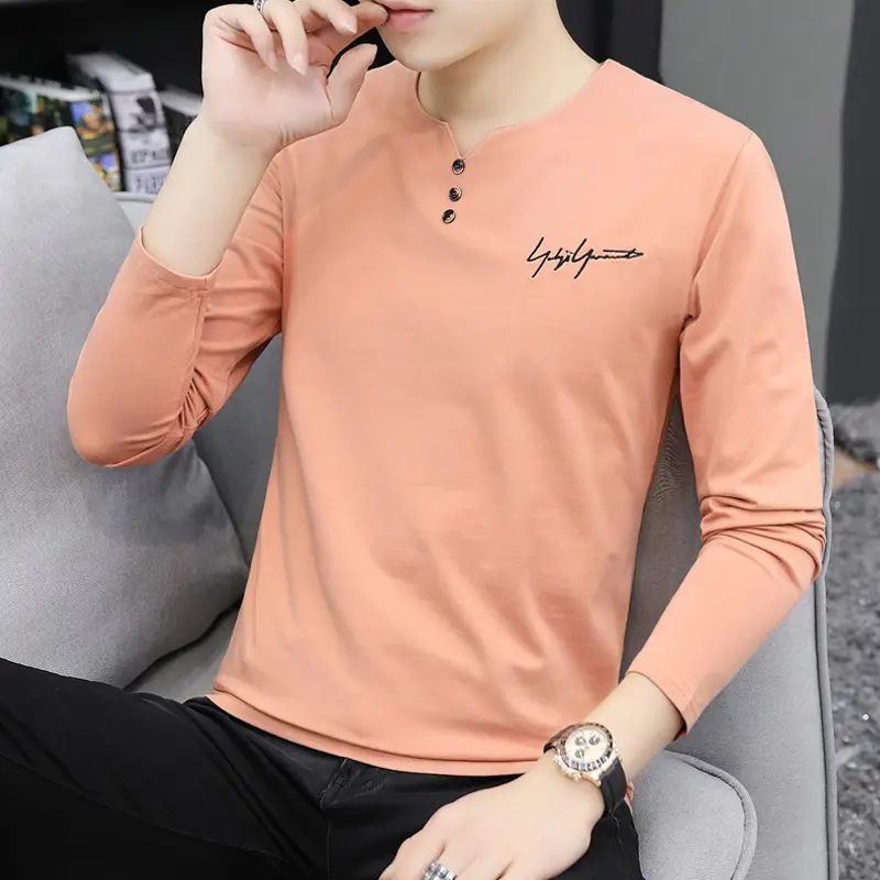 Men V-Neck Long Sleeve Grey T-Shirt Large - Image 6