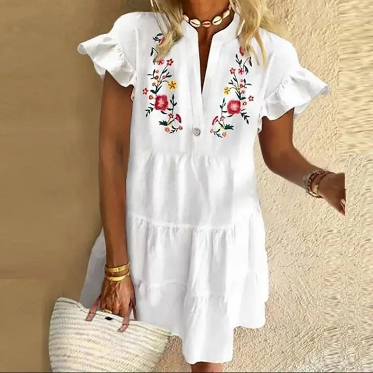 White Printed Tassel V-Neck Dress for Women - Image 2