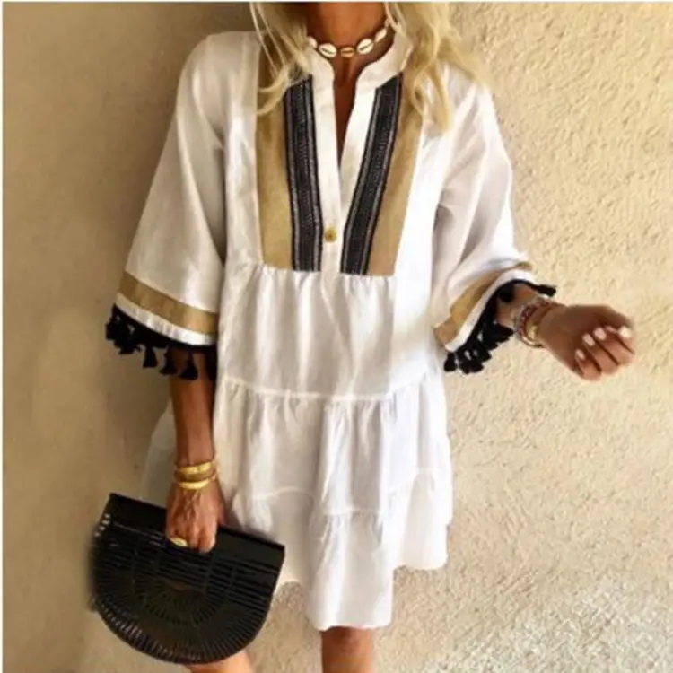 White Printed Tassel V-Neck Dress for Women - Image 4