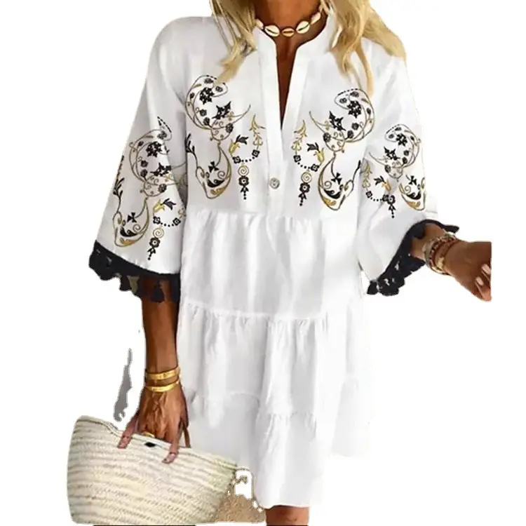 White Printed Tassel V-Neck Dress for Women - Image 7