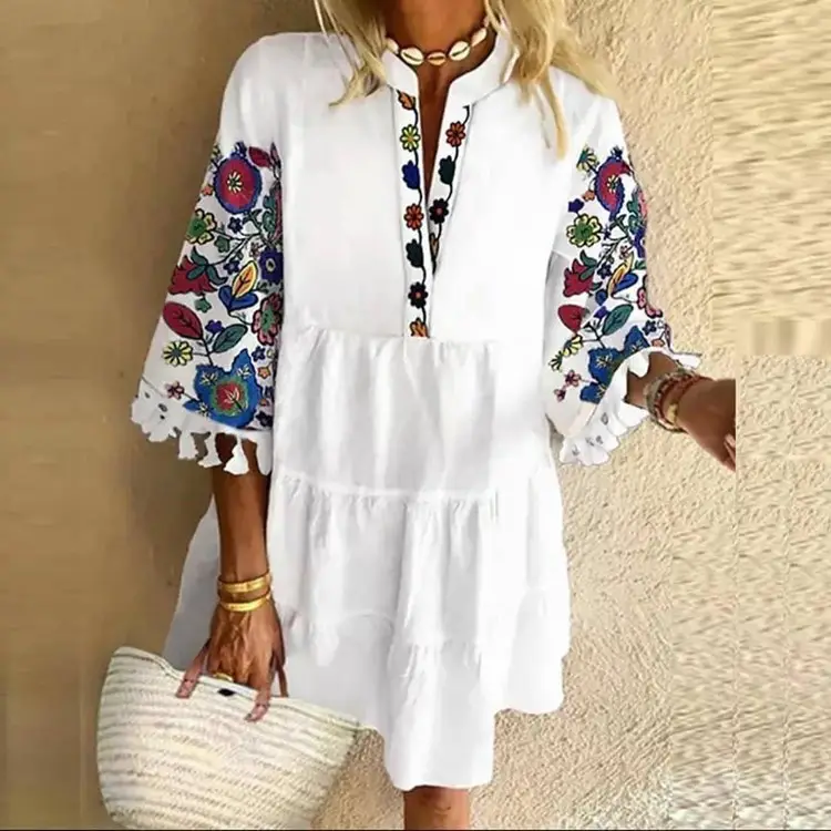 White Printed Tassel V-Neck Dress for Women - Image 3