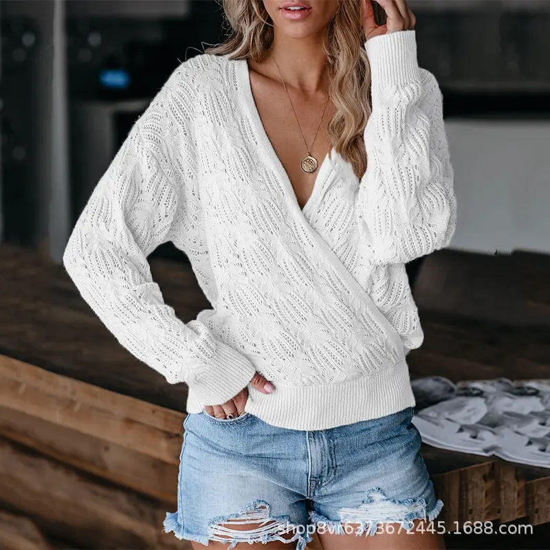 Women Knitted V-Neck Sweater White Long Sleeve - Image 9