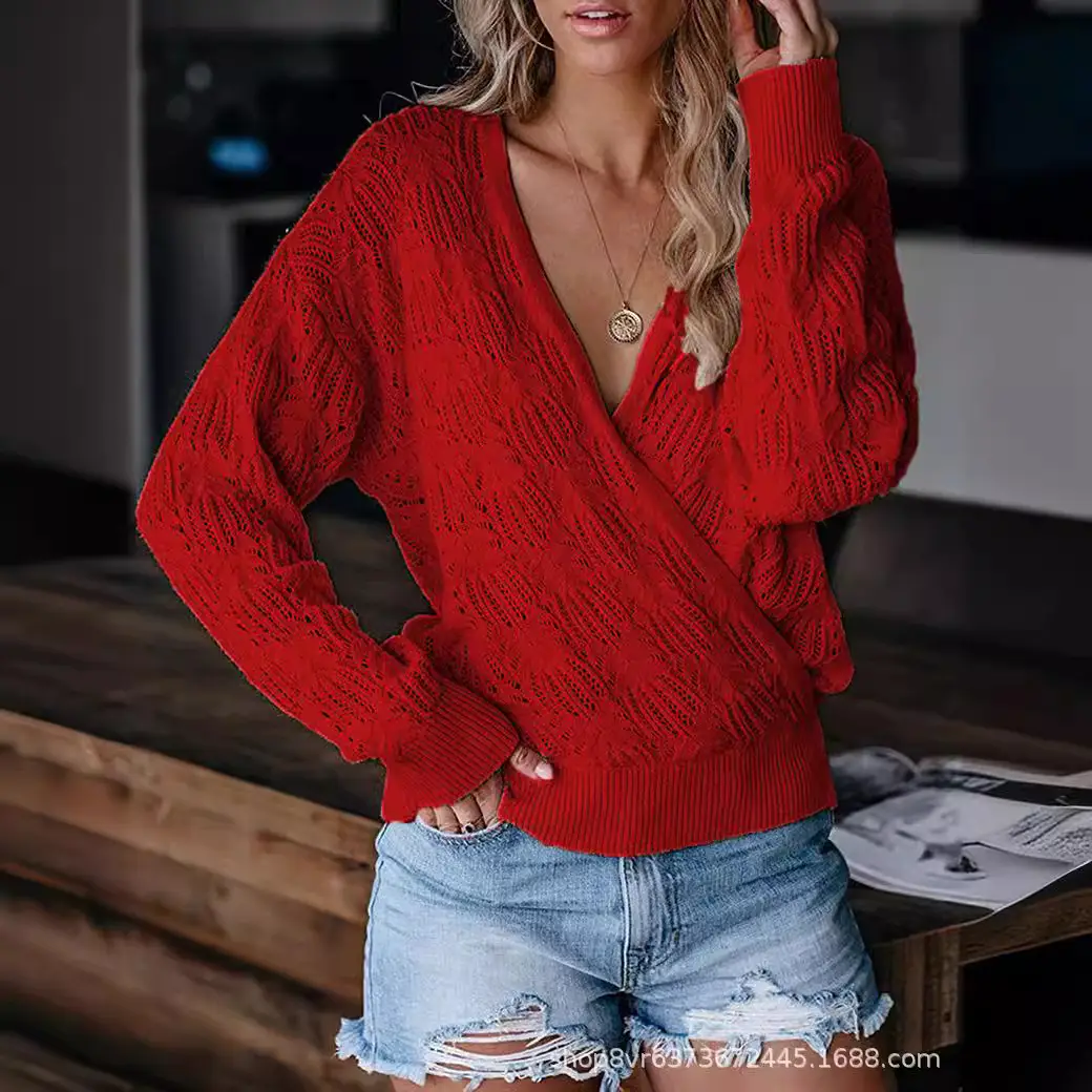 Women Knitted V-Neck Sweater White Long Sleeve - Image 10