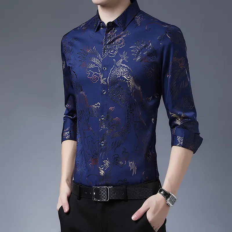 Men's Blue Printed Long Sleeve Shirt Korean Style - Image 3