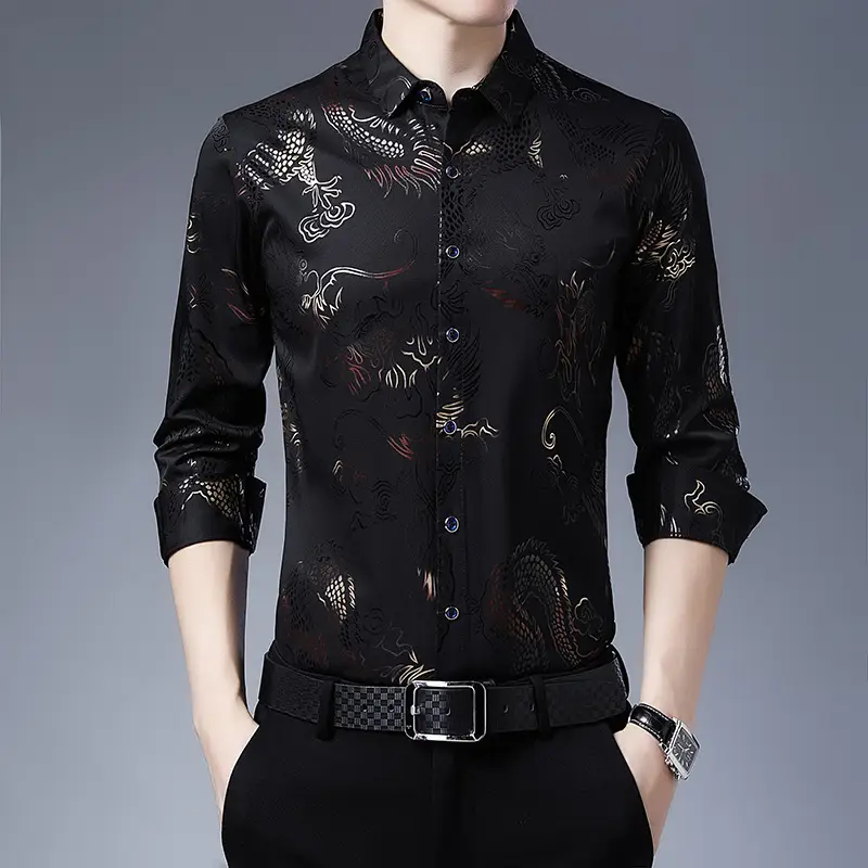 Men's Blue Printed Long Sleeve Shirt Korean Style - Image 7
