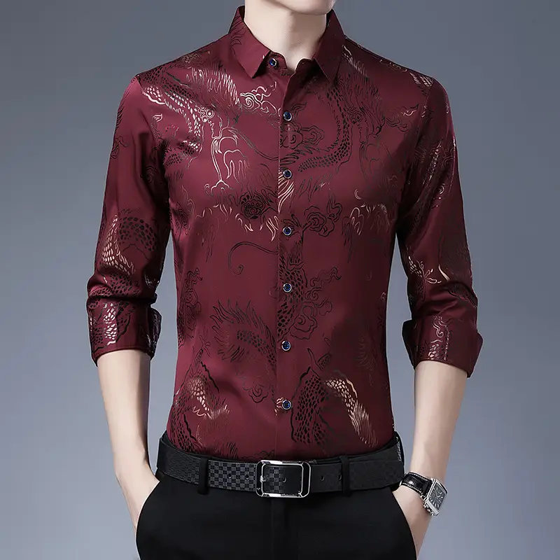Men's Blue Printed Long Sleeve Shirt Korean Style - Image 8