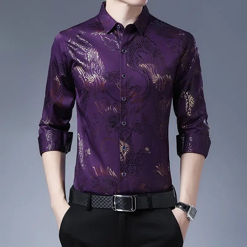 Men's Blue Printed Long Sleeve Shirt Korean Style - Image 4