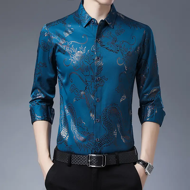 Men's Blue Printed Long Sleeve Shirt Korean Style - Image 5