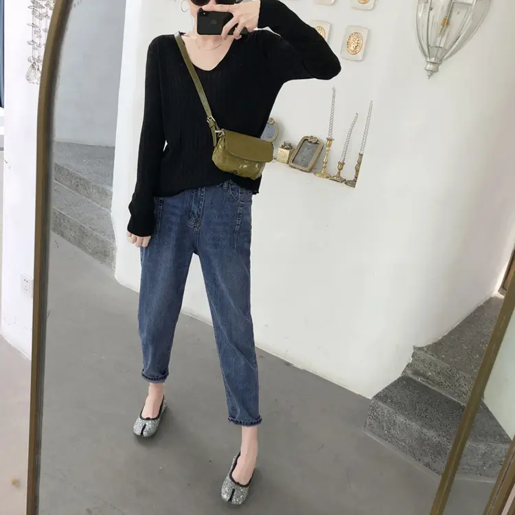 Women Knitted V-Neck T-Shirt Olive Green Winter Inner — feature 34