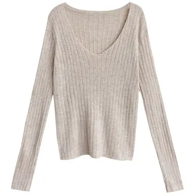 Women Knitted V-Neck T-Shirt Olive Green Winter Inner — feature 48
