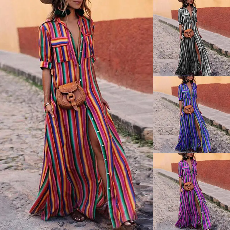 Cross-Border Striped High-Waist V-Neck Dress - Image 5