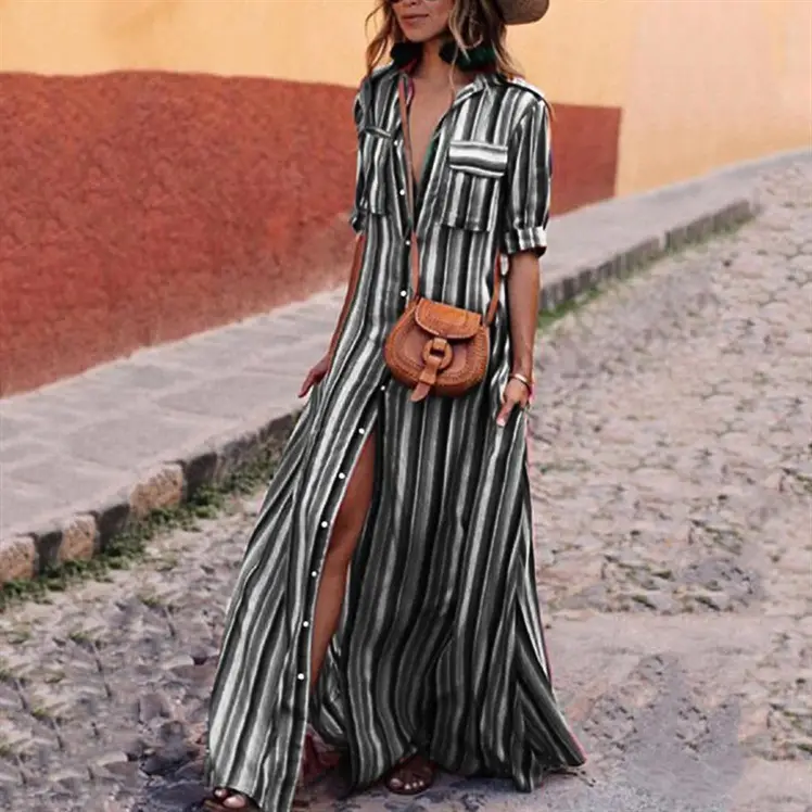 Cross-Border Striped High-Waist V-Neck Dress - Image 4