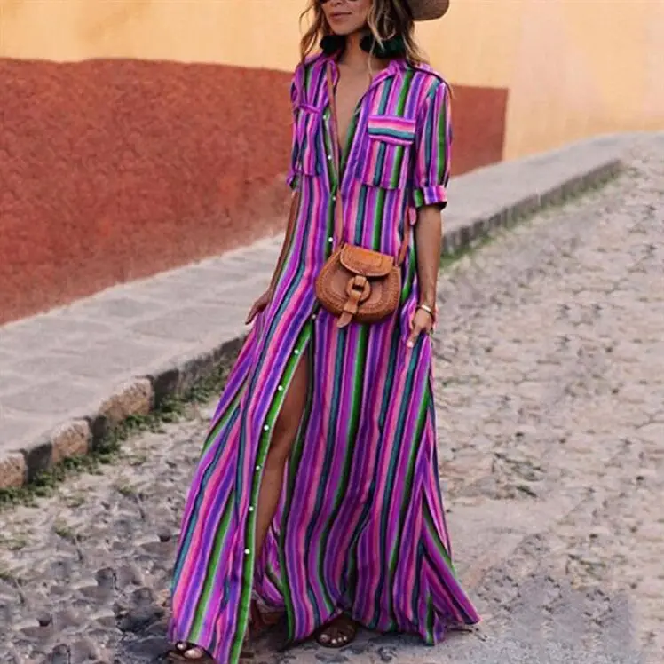 Cross-Border Striped High-Waist V-Neck Dress - Image 2