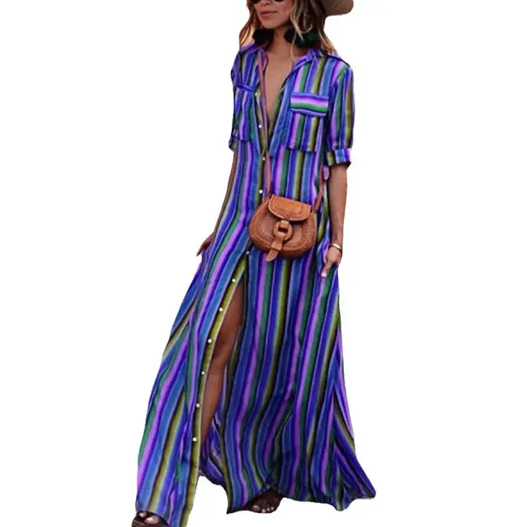 Cross-Border Striped High-Waist V-Neck Dress - Image 6