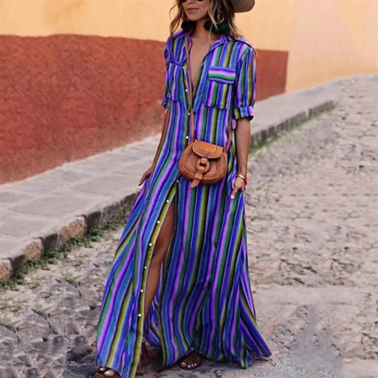 Cross-Border Striped High-Waist V-Neck Dress - Image 3
