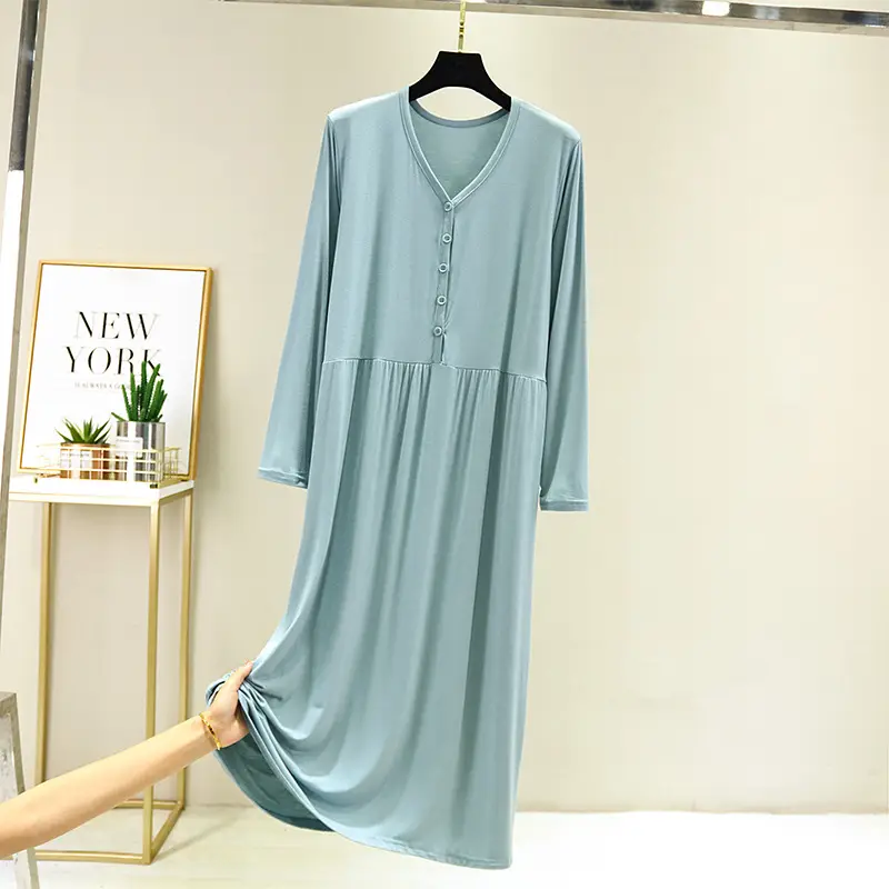 Green Long Sleeve Button V-Neck Dress for Women - Image 13