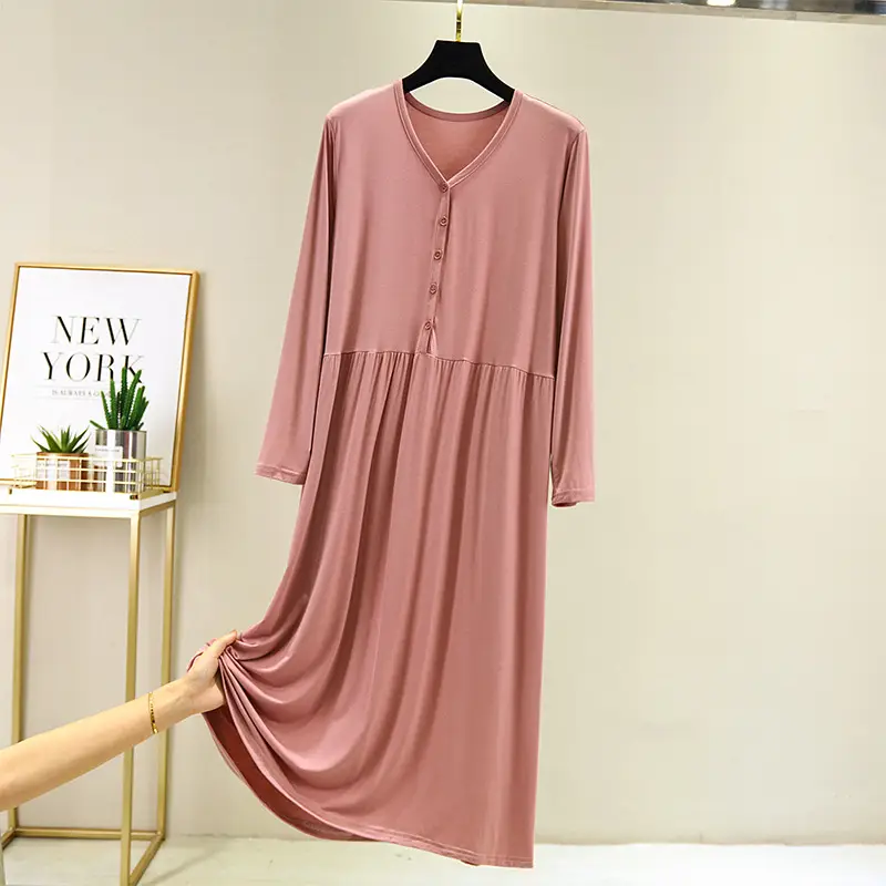 Green Long Sleeve Button V-Neck Dress for Women - Image 2