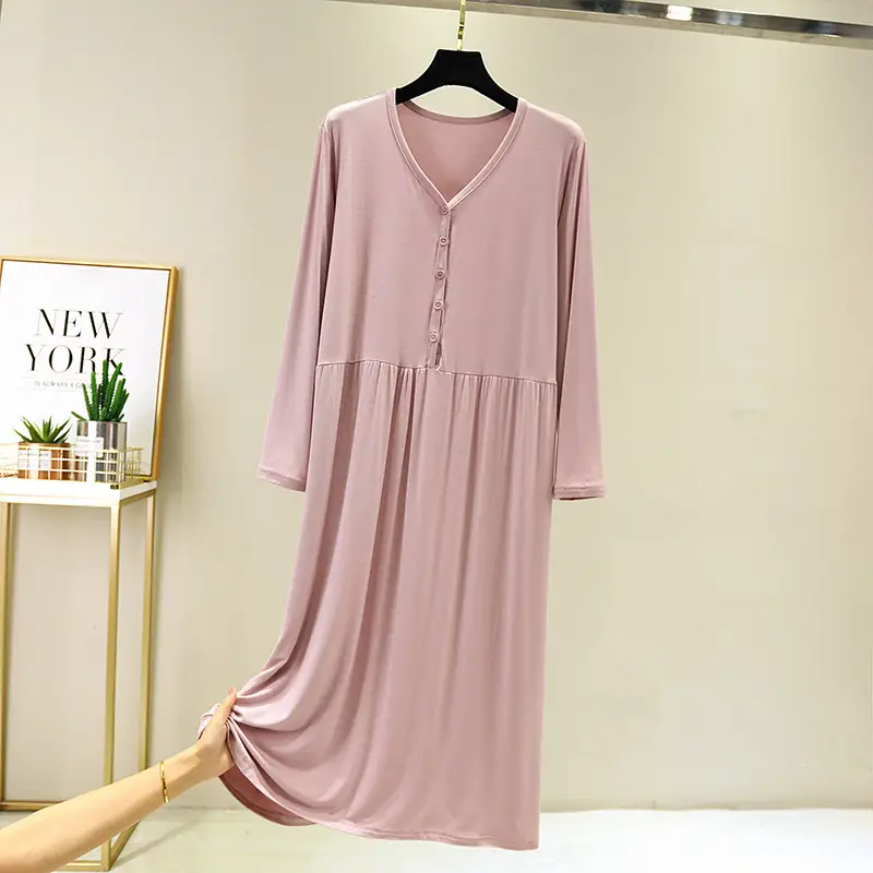 Green Long Sleeve Button V-Neck Dress for Women - Image 3