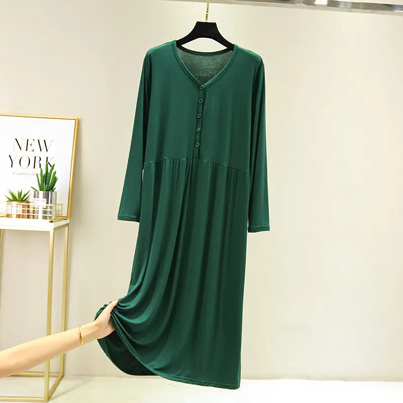 Green Long Sleeve Button V-Neck Dress for Women - Image 4