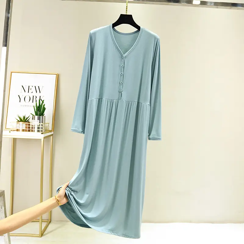 Green Long Sleeve Button V-Neck Dress for Women - Image 5