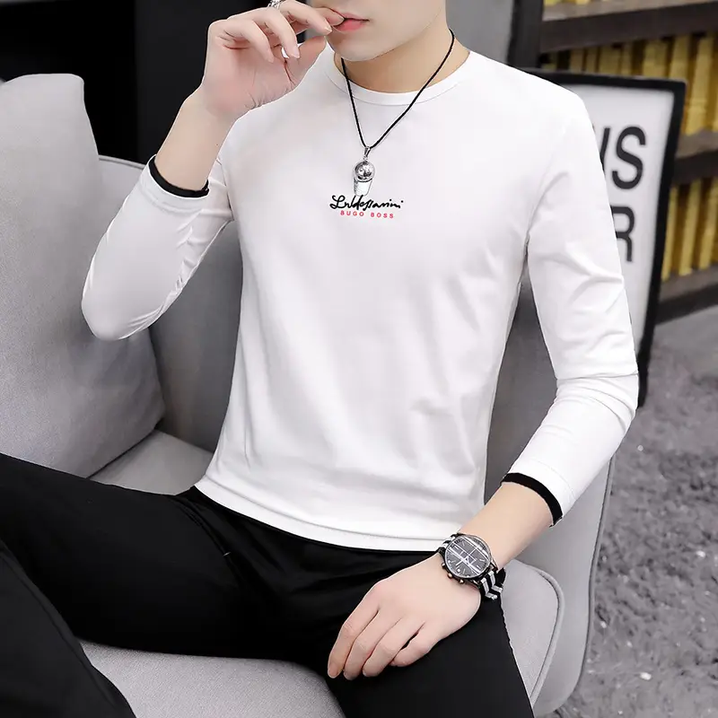 Men Long Sleeve Printed T-Shirt Slim Fit White