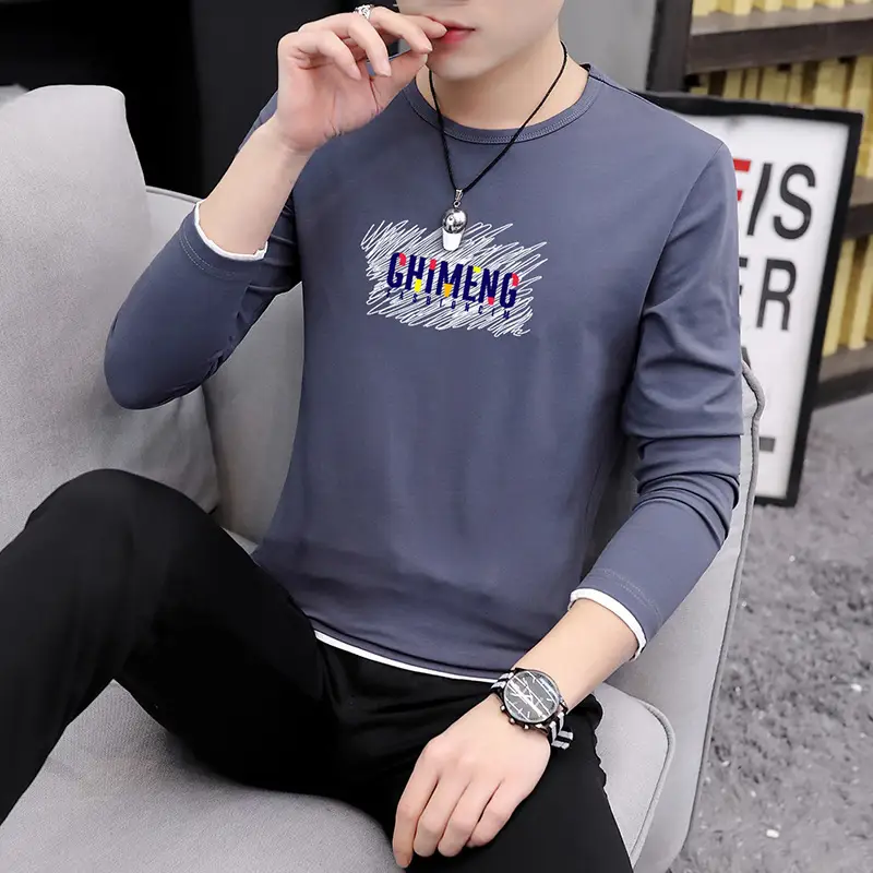 Men Long Sleeve Printed T-Shirt Slim Fit White