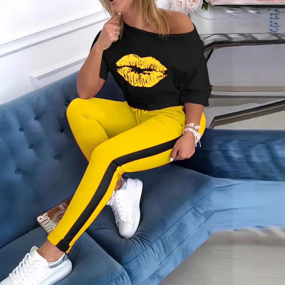 Women Pink Black Lip Print Track Suit Yellow Pants - Image 10