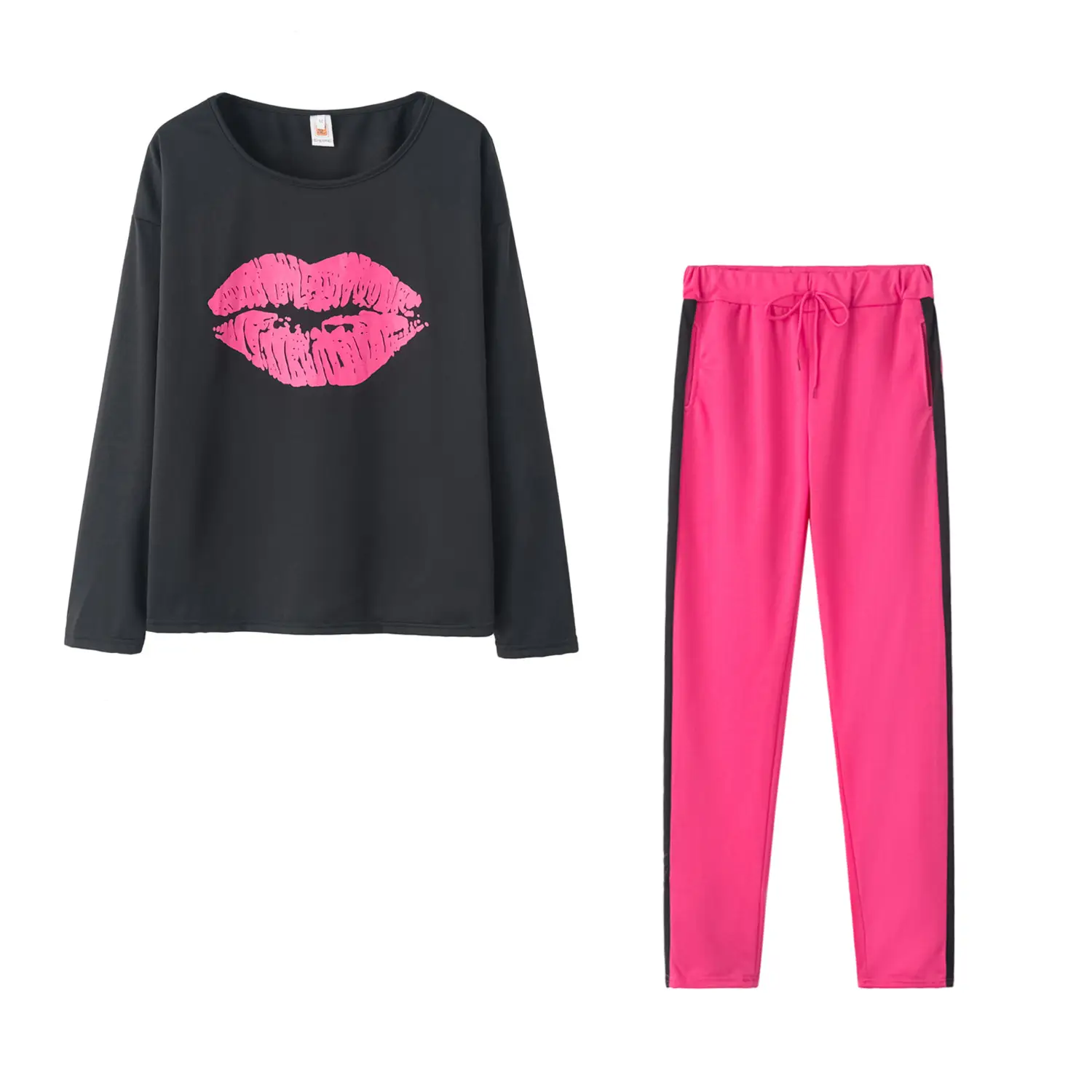 Women Pink Black Lip Print Track Suit Yellow Pants - Image 11