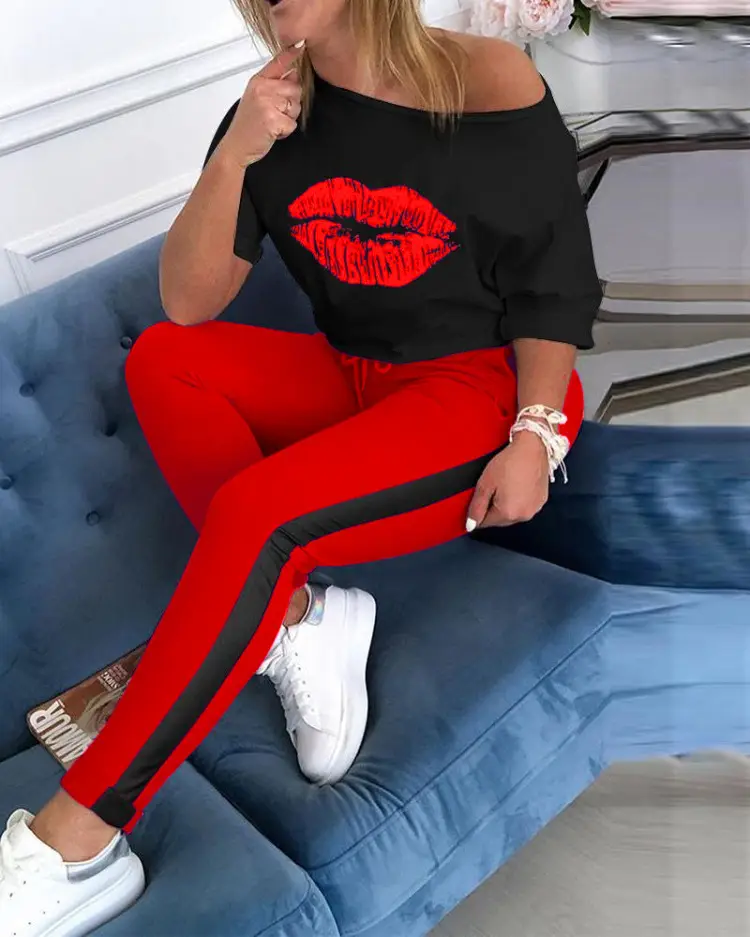 Women Pink Black Lip Print Track Suit Yellow Pants — feature 4