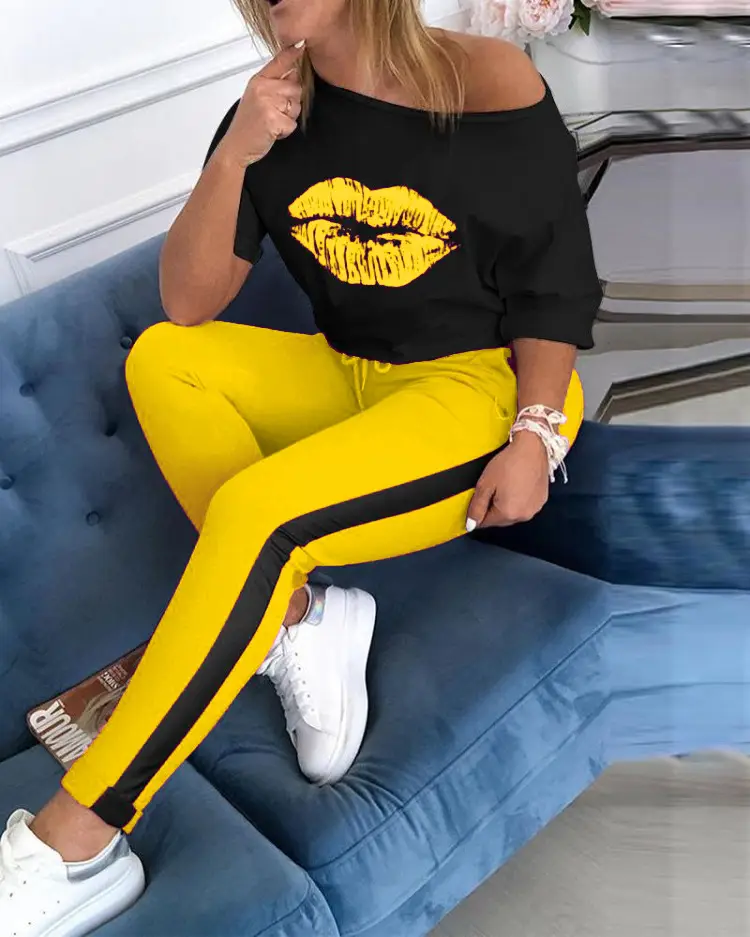 Women Pink Black Lip Print Track Suit Yellow Pants — feature 6