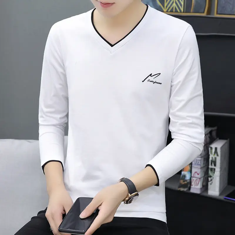 Men's Long Sleeve V-Neck T-Shirt Grey 2020 - Image 6