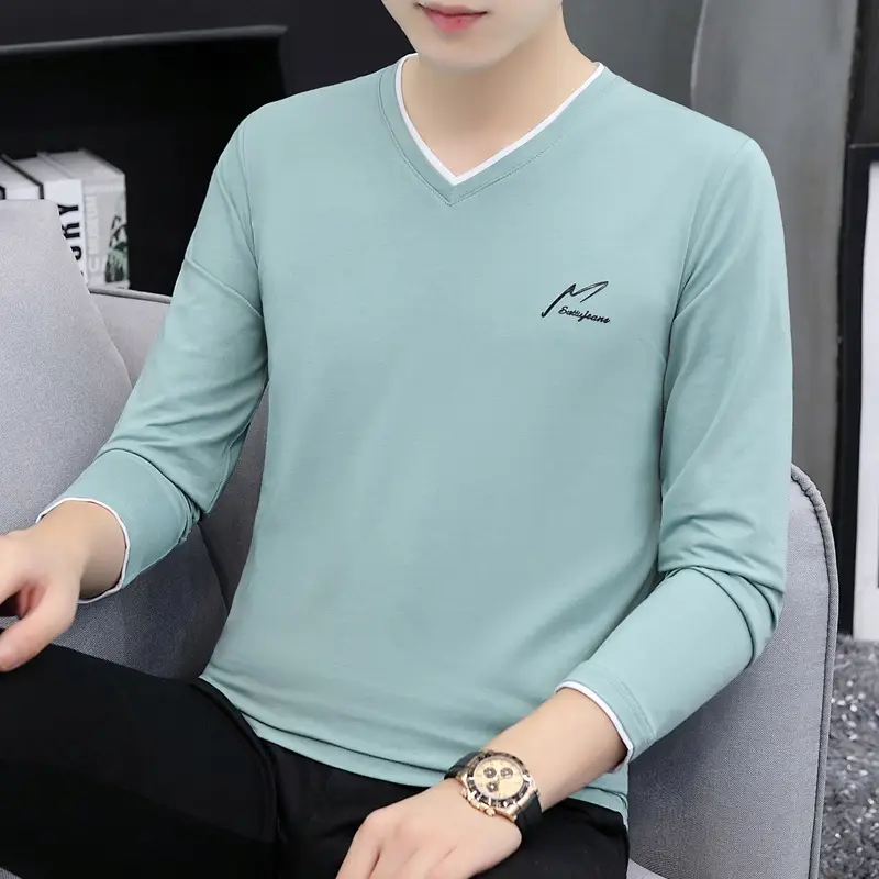 Men's Long Sleeve V-Neck T-Shirt Grey 2020 - Image 8
