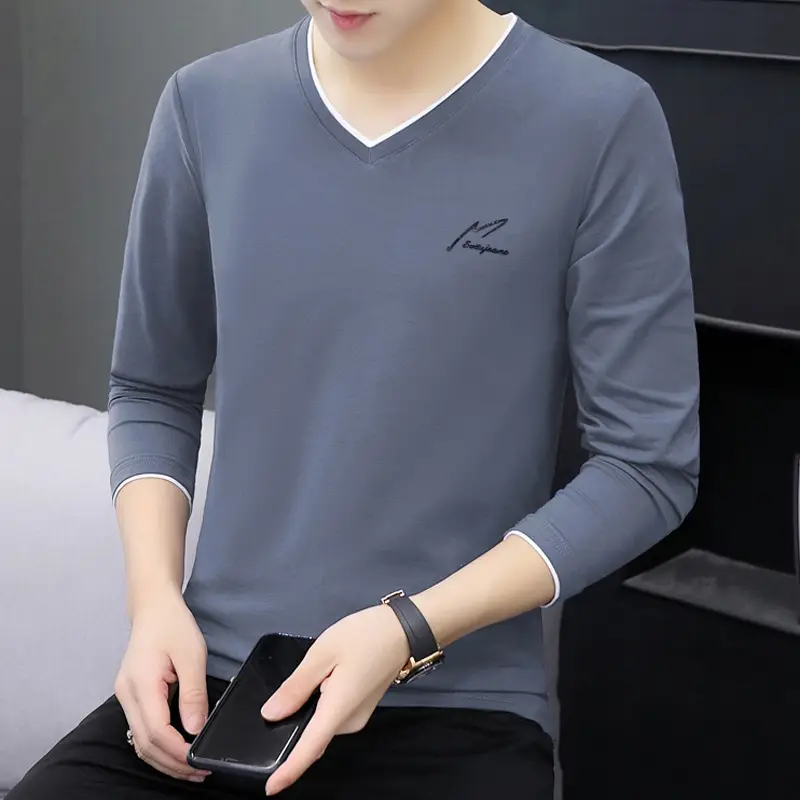 Men's Long Sleeve V-Neck T-Shirt Grey 2020 - Image 4