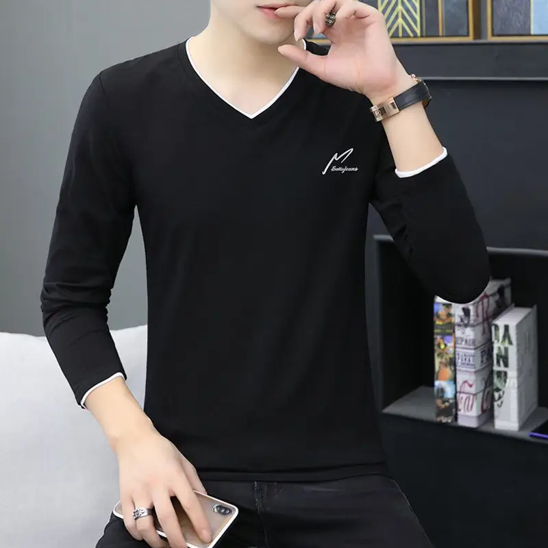 Men's Long Sleeve V-Neck T-Shirt Grey 2020 - Image 2
