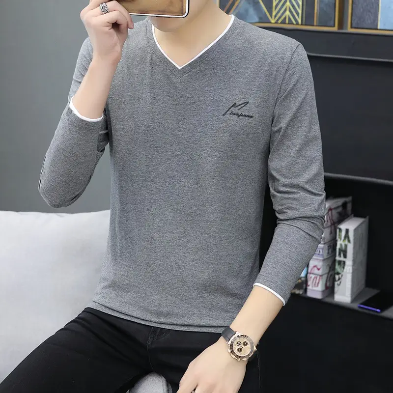Men's Long Sleeve V-Neck T-Shirt Grey 2020 - Image 3