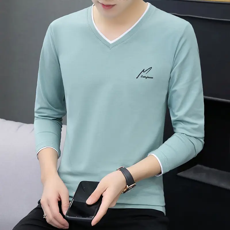 Men's Long Sleeve V-Neck T-Shirt Grey 2020 - Image 5