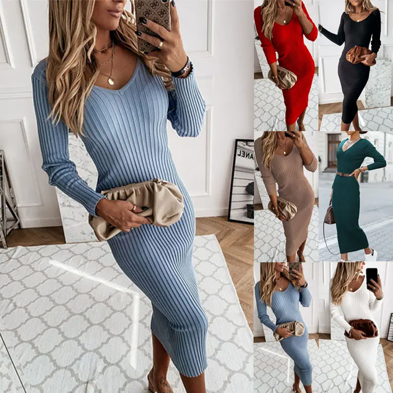 Red Long Sleeve V-Neck Dress for Women Large - Image 4