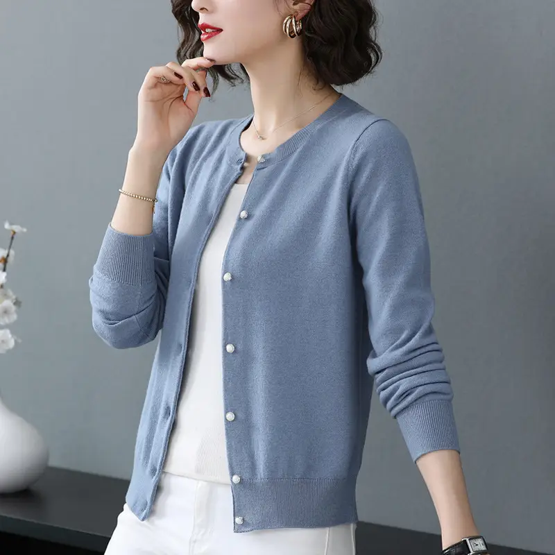 2024 Women's Blue Long Sleeve Cardigan Sweater Top - Image 7