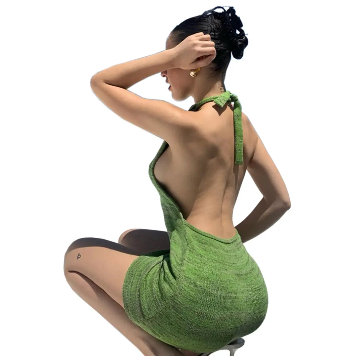 Blue Backless Knitted Hip-Covering Dress for Women