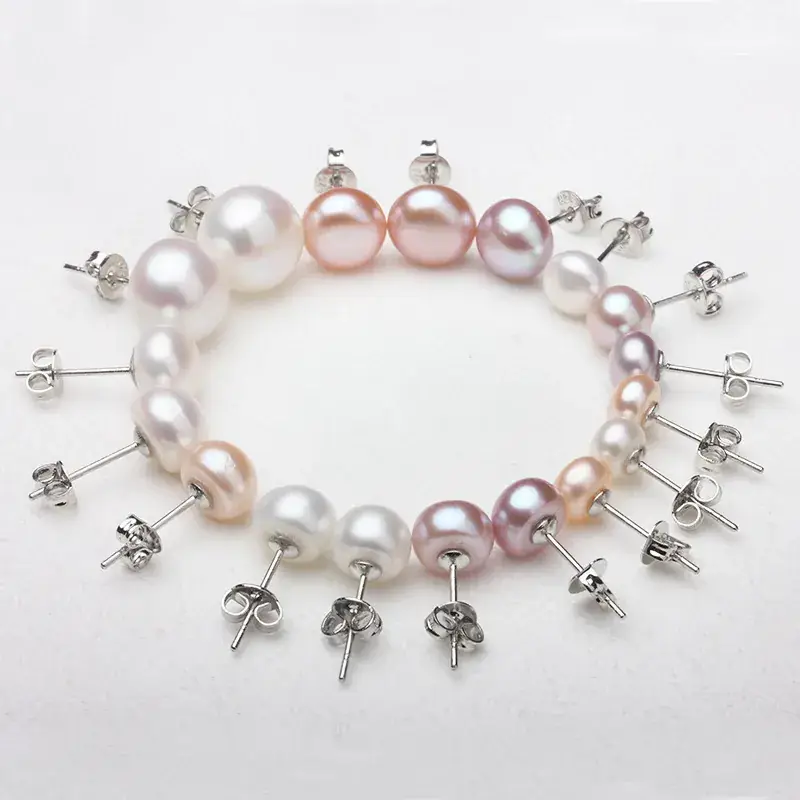 6-12mm Freshwater Pearl Earrings 925 Silver 3-Color Mixed