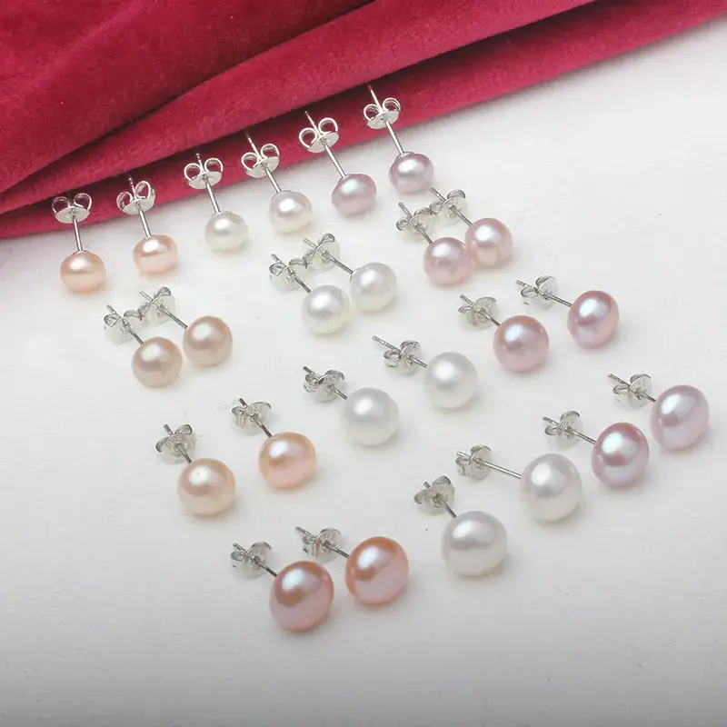 6-12mm Freshwater Pearl Earrings 925 Silver 3-Color Mixed