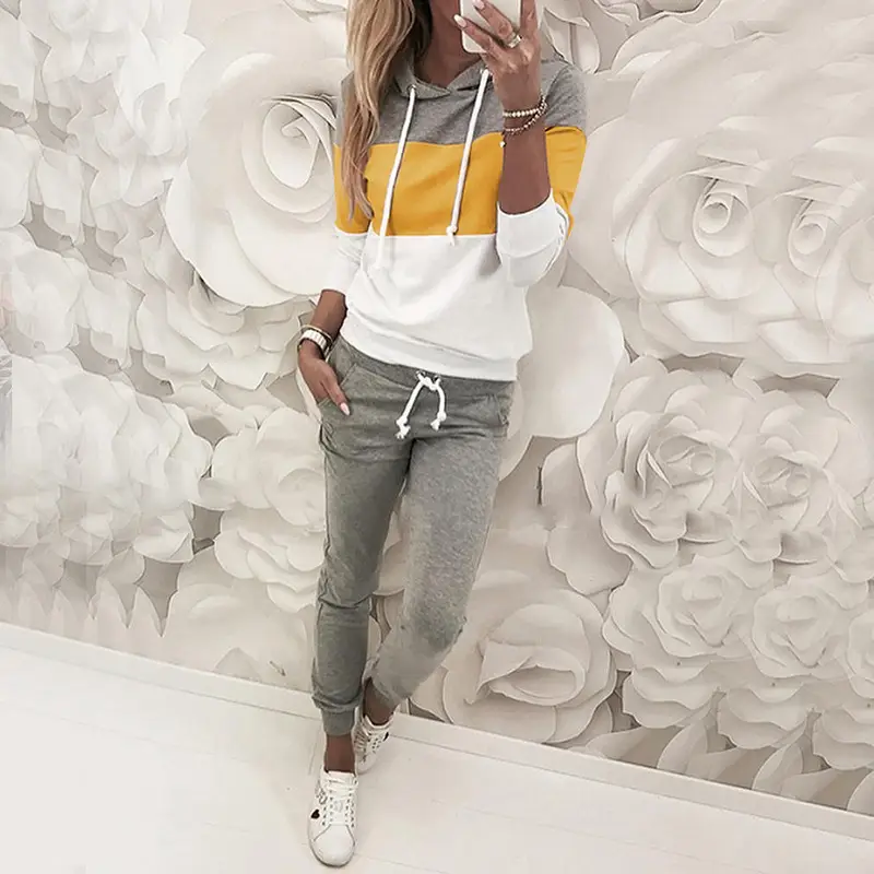Women's Color Block Stitched Casual Sweater Suit Gray Pants - Image 5