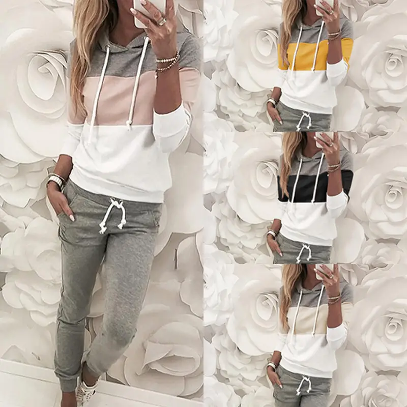 Women's Color Block Stitched Casual Sweater Suit Gray Pants — feature 2