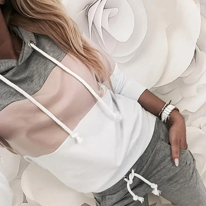 Women's Color Block Stitched Casual Sweater Suit Gray Pants — feature 7