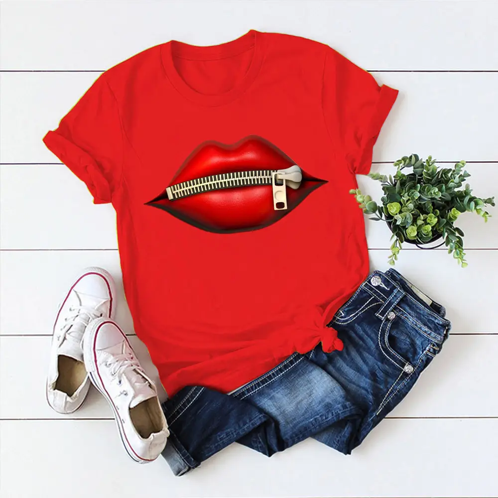 Women's Black T-Shirt with Red Lip Print Design