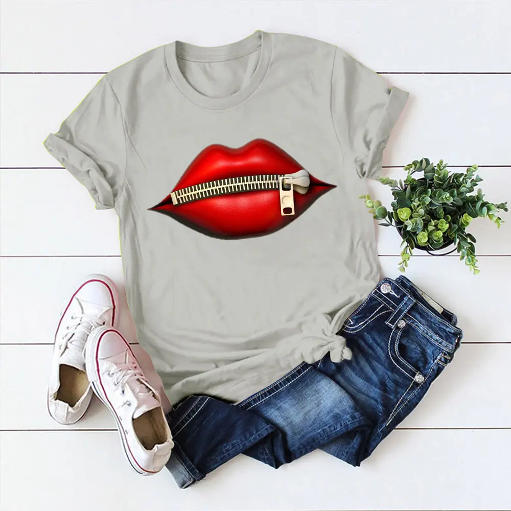 Women's Black T-Shirt with Red Lip Print Design