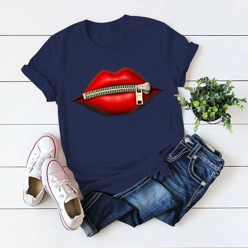 Women's Black T-Shirt with Red Lip Print Design